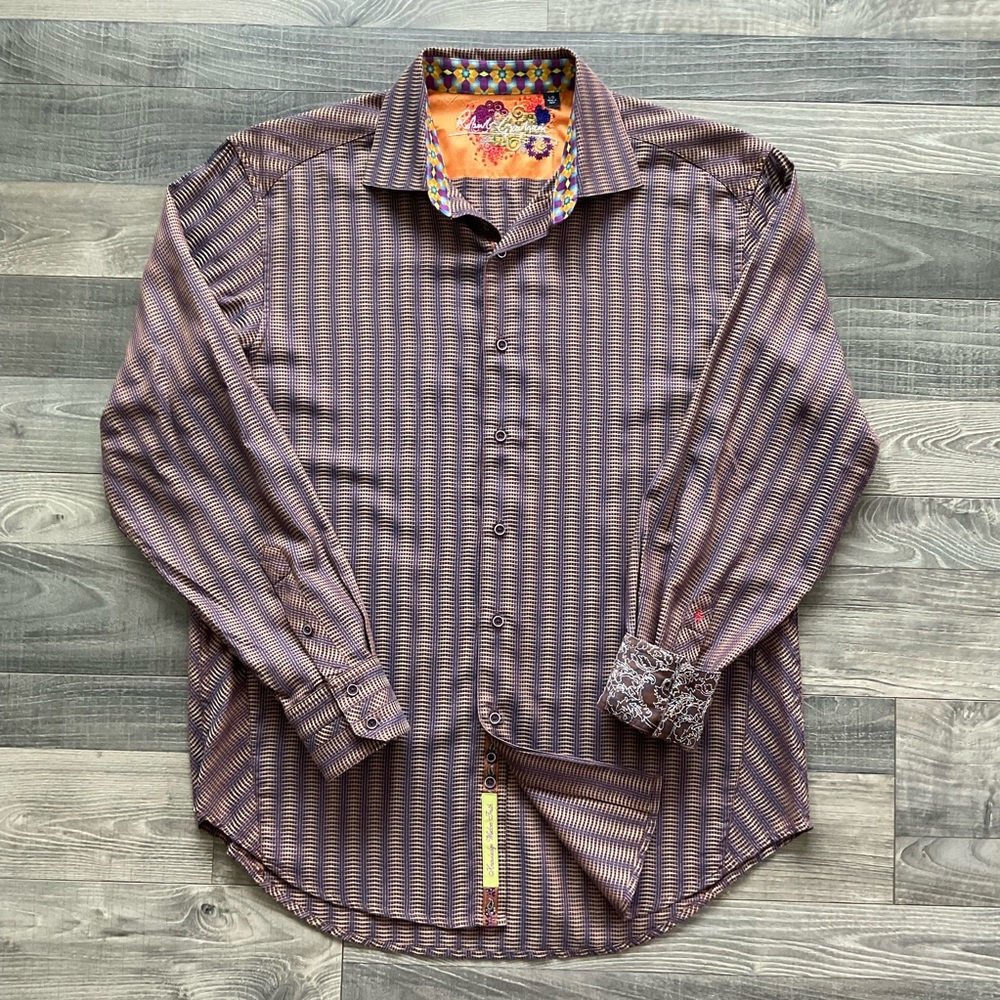 Robert Graham L/S Shirt Men’s LARGE Brown Blue Abstract Embroidered Flip Cuff